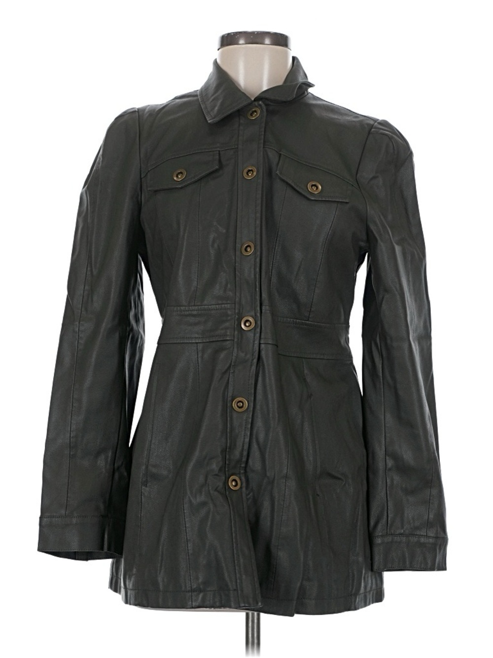 Anthropologie Maeve grey green faux leather trench coat jacket